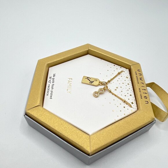 UNWRITTEN Cubic Zirconia "Family" Tag Charm Necklace in Gold-Tone MSRP $50 NWT - Picture 5 of 7